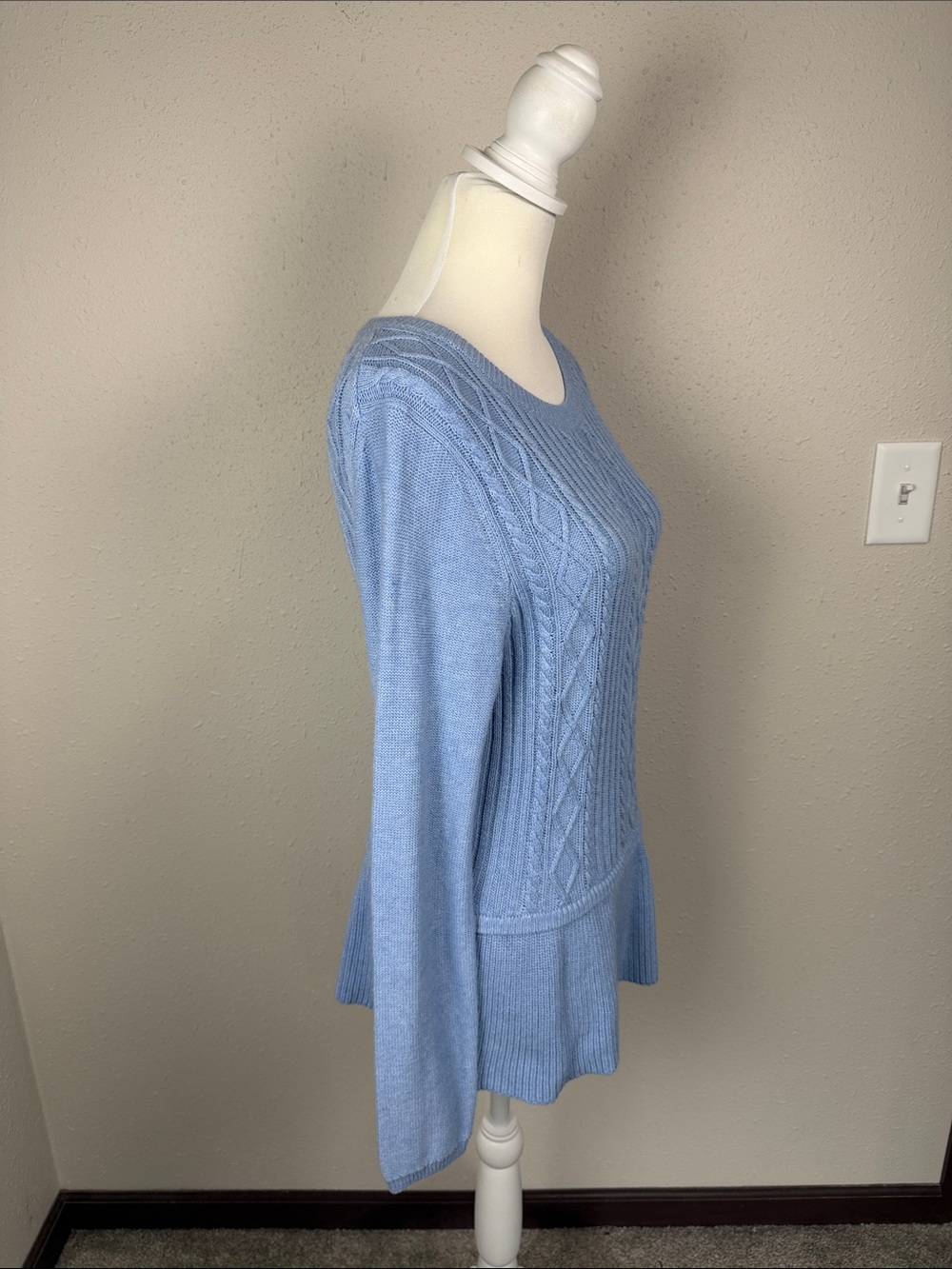 Talbots Cable Knit Sweater Women’s Med Light Blue Cashmere Blend Peplum Pullover - Picture 9 of 10